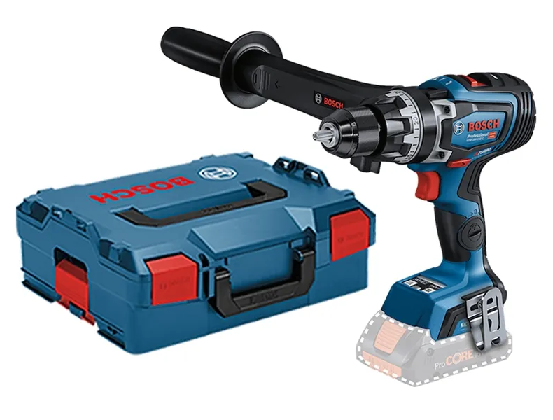 Furadeira e parafusadeira Bosch GSB 18V-150 C com empunhadura auxiliar e maleta; bateria representada de forma translúcida.