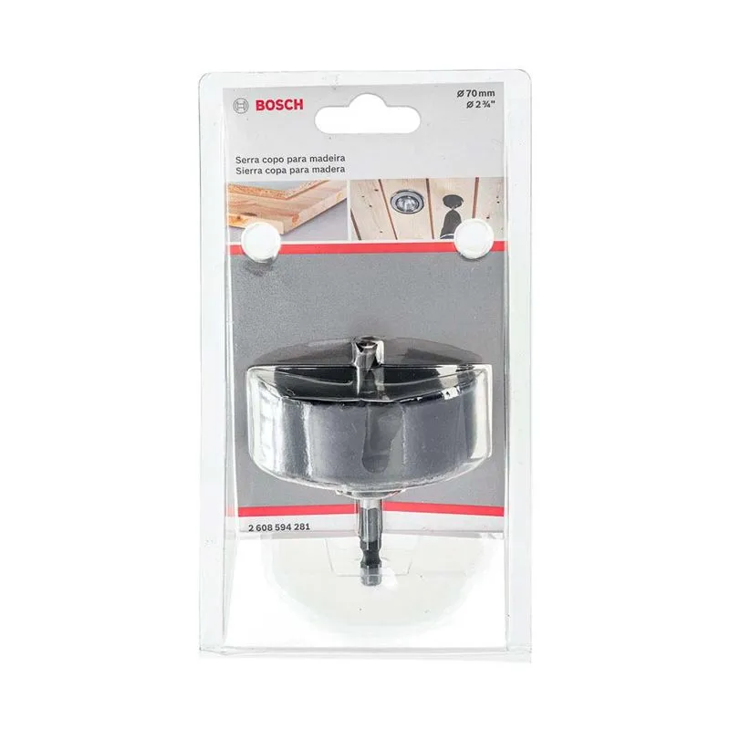 Embalagem Bosch da serra-copo para madeira de 70 mm, código 2608594281, com broca guia e haste.