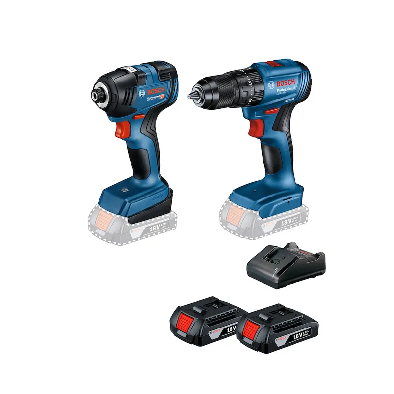 Parafusadeira de impacto Bosch GDR 18V-200 à esquerda e furadeira/parafusadeira GSB 185-LI à direita, com carregador e duas baterias.