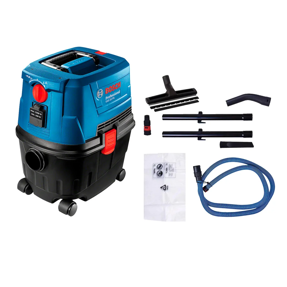 Bosch GAS 15 PS azul e preto, com mangueira, tubos, bocais e saco plástico ao lado.