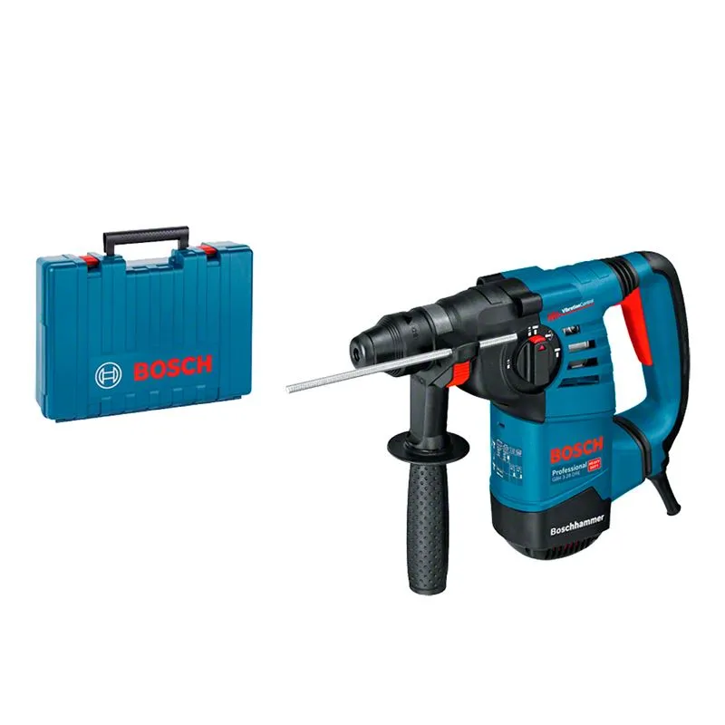 Martelete Bosch GBH 3-28 DRE com empunhadura auxiliar, limitador de profundidade e maleta azul.