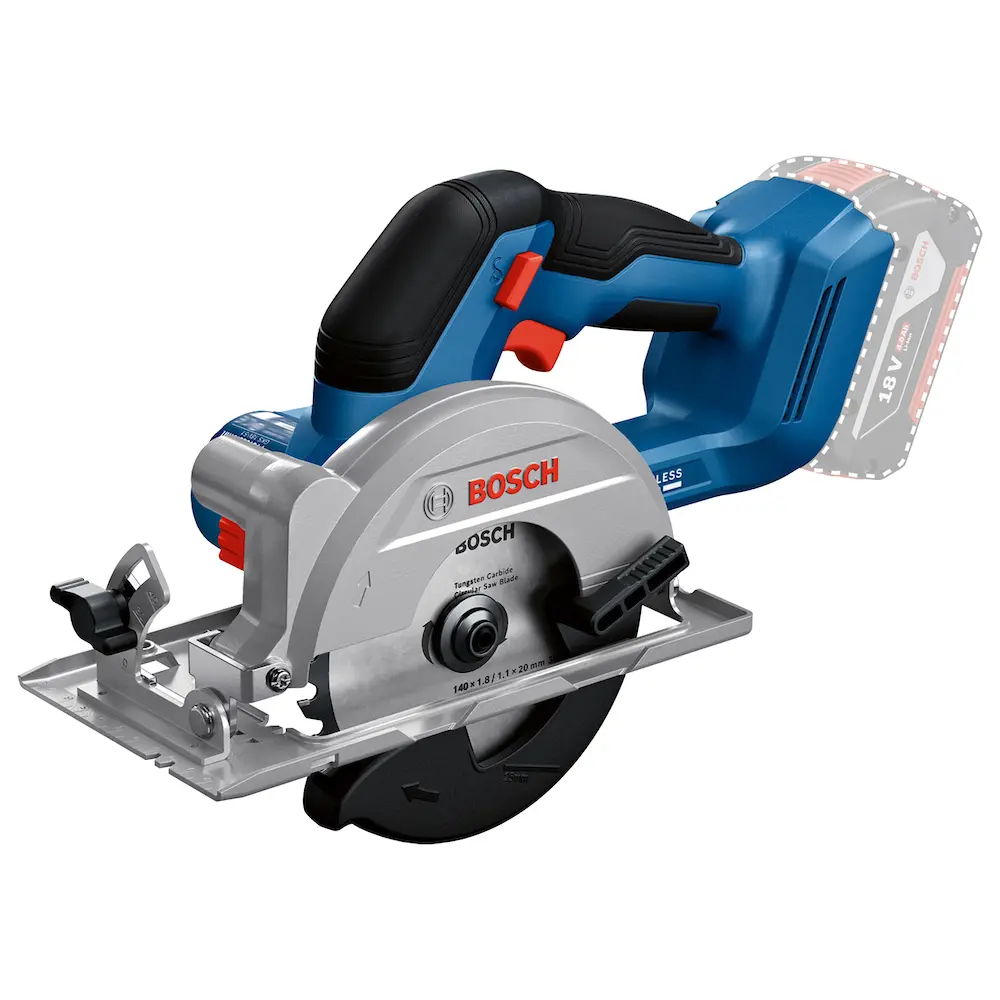 Serra circular Bosch GKS 18V-51 com disco e base metálica; bateria representada em cinza tracejado na foto do catálogo.