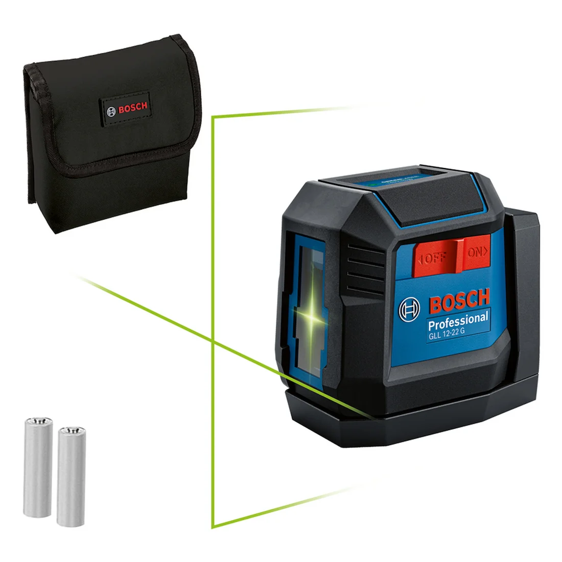 Bosch GLL 12-22 G com suporte integrado, bolsa e duas pilhas AA; ilustração das linhas verdes cruzadas.
