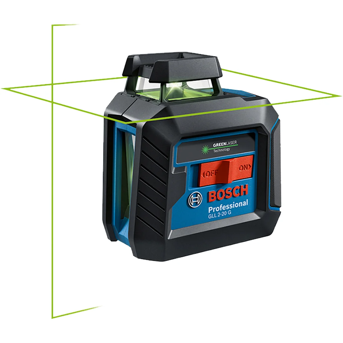 Bosch GLL 2-20 G com ilustração de uma projeção horizontal verde de 360 graus e uma linha vertical frontal.