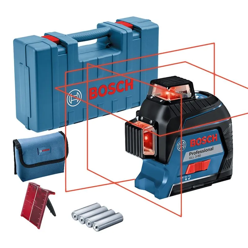 Bosch GLL 3-80 com maleta, bolsa, placa-alvo e quatro pilhas AA, acompanhado de ilustração dos três planos vermelhos.