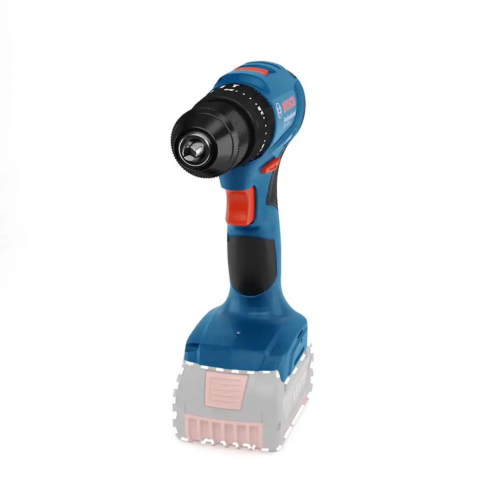 Furadeira e parafusadeira Bosch GSB 185-LI com bateria representada de forma translúcida.