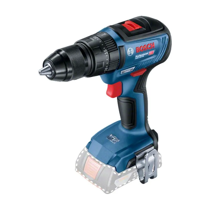Parafusadeira e furadeira de impacto Bosch GSB 18V-50, em azul e preto, vista em perspectiva.