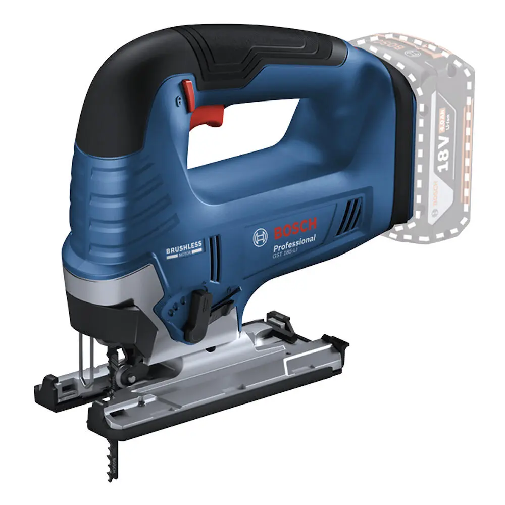 Serra tico-tico Bosch GST 185-LI com empunhadura em arco e lâmina estreita; bateria representada em cinza tracejado.
