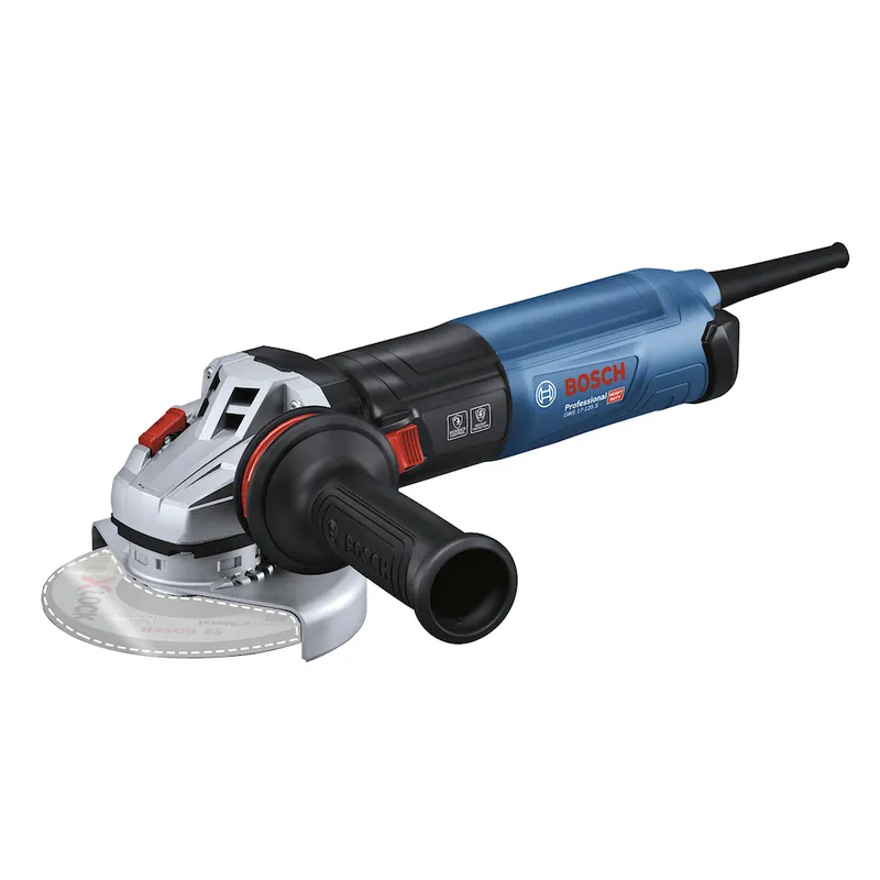 Esmerilhadeira Bosch GWS 17-125 S com empunhadura auxiliar, proteção do disco e cabo de alimentação.