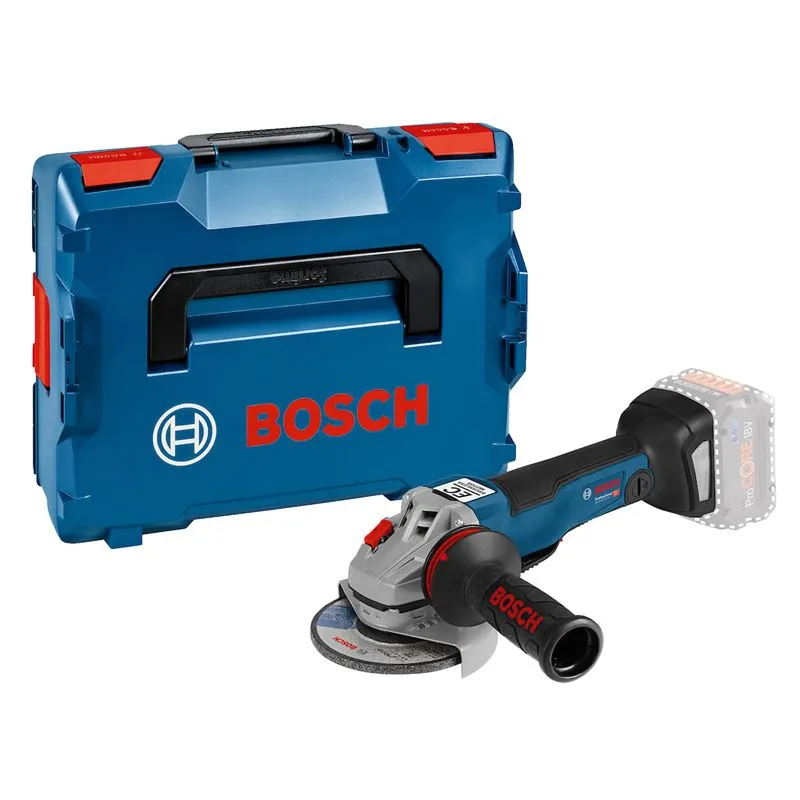 Esmerilhadeira Bosch GWS 18V-10 PC com empunhadura auxiliar, maleta e bateria ilustrada de forma translúcida.