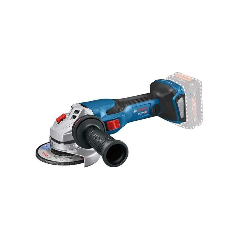 Esmerilhadeira Bosch GWS 18V-15 C com empunhadura auxiliar e bateria representada de forma translúcida.