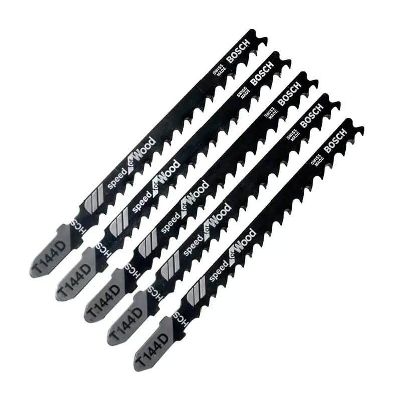 Conjunto com cinco lâminas Bosch T144D Speed for Wood para serra tico-tico, com encaixe em T.