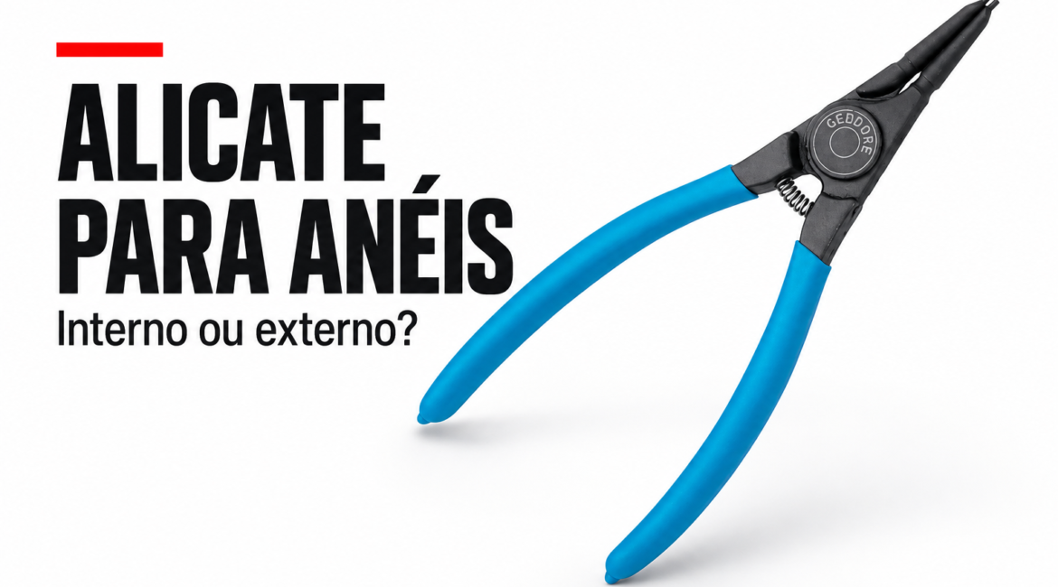 Capa editorial com alicate de cabos azuis e o texto: Alicate para anéis, interno ou externo?