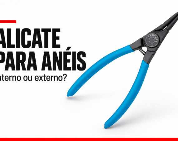 Capa editorial com alicate de cabos azuis e o texto: Alicate para anéis, interno ou externo?