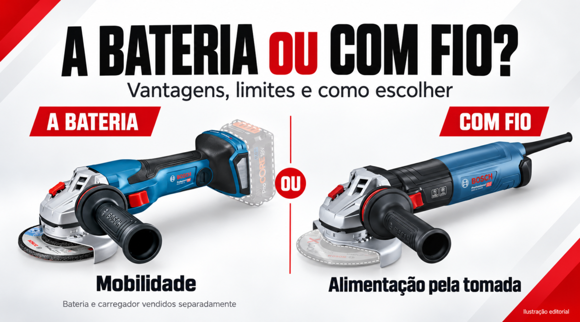 Ilustração editorial comparando esmerilhadeiras Bosch a bateria e com fio: mobilidade e alimentação pela tomada; bateria e carregador vendidos separadamente.