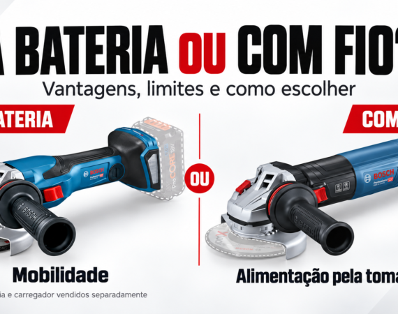 Ilustração editorial comparando esmerilhadeiras Bosch a bateria e com fio: mobilidade e alimentação pela tomada; bateria e carregador vendidos separadamente.