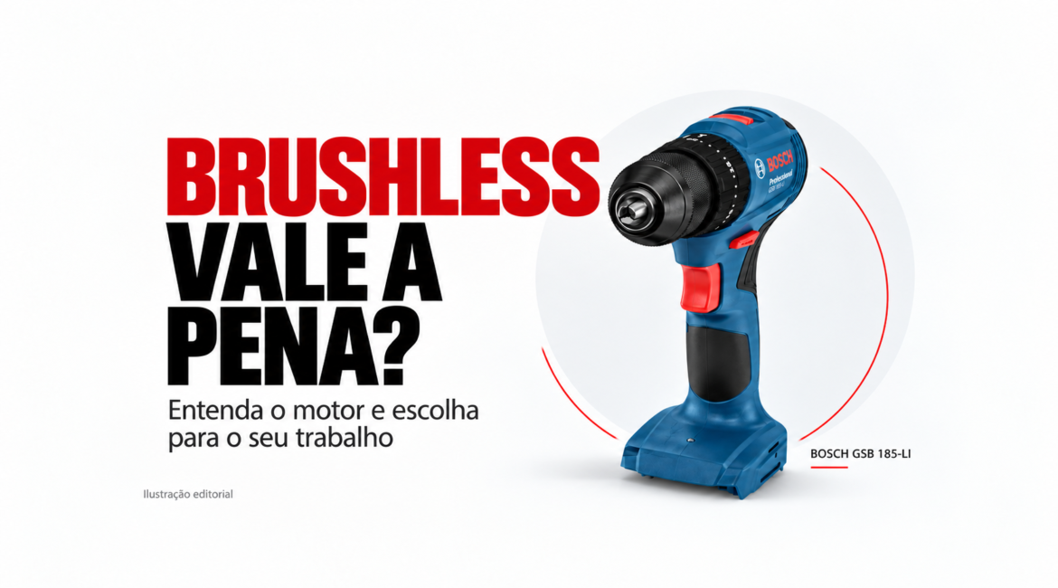 Ferramenta brushless vale a pena? Capa editorial com furadeira e parafusadeira Bosch GSB 185-LI sem bateria.