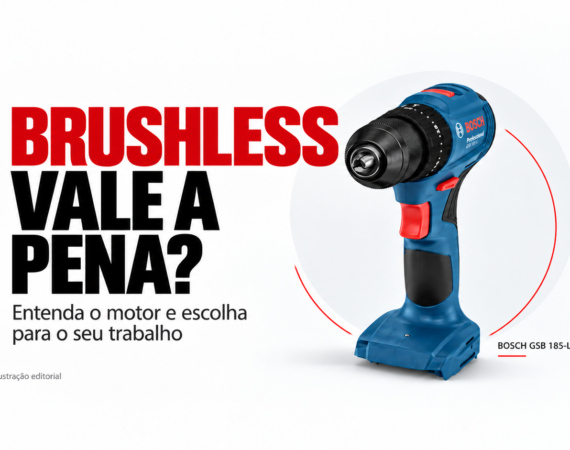 Ferramenta brushless vale a pena? Capa editorial com furadeira e parafusadeira Bosch GSB 185-LI sem bateria.