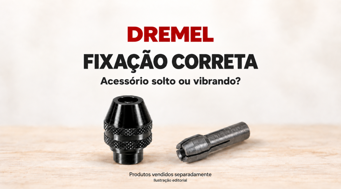 Capa editorial com o título “Dremel: fixação correta” e a pergunta “Acessório solto ou vibrando?”. Um mandril Dremel 4486 preto e uma pinça Dremel 481 metálica aparecem separados sobre uma bancada clara. Produtos vendidos separadamente.