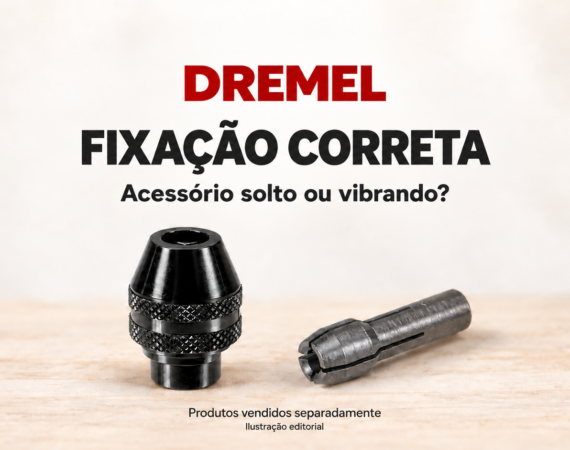 Capa editorial com o título “Dremel: fixação correta” e a pergunta “Acessório solto ou vibrando?”. Um mandril Dremel 4486 preto e uma pinça Dremel 481 metálica aparecem separados sobre uma bancada clara. Produtos vendidos separadamente.