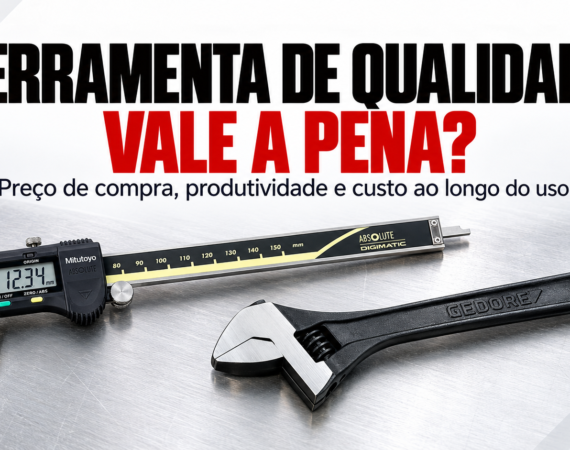 Ilustração editorial de bancada organizada com paquímetro e chave ajustável, representando o investimento em ferramentas de qualidade.