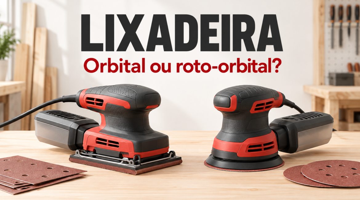 Ilustração de lixadeiras de base retangular e circular com o título Lixadeira: Orbital ou roto-orbital?