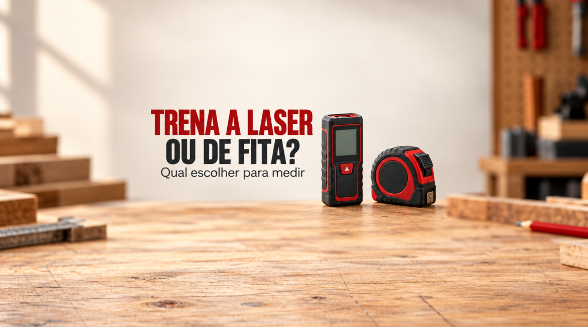 Trena a laser e trena de fita em ilustração editorial sobre a escolha de instrumentos de medição
