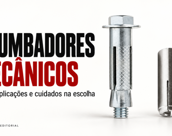 Ilustração editorial sobre chumbadores mecânicos: chumbador CBA com parafuso e arruela e chumbador PBI cilíndrico, separados e sem instalação, em cenário neutro.
