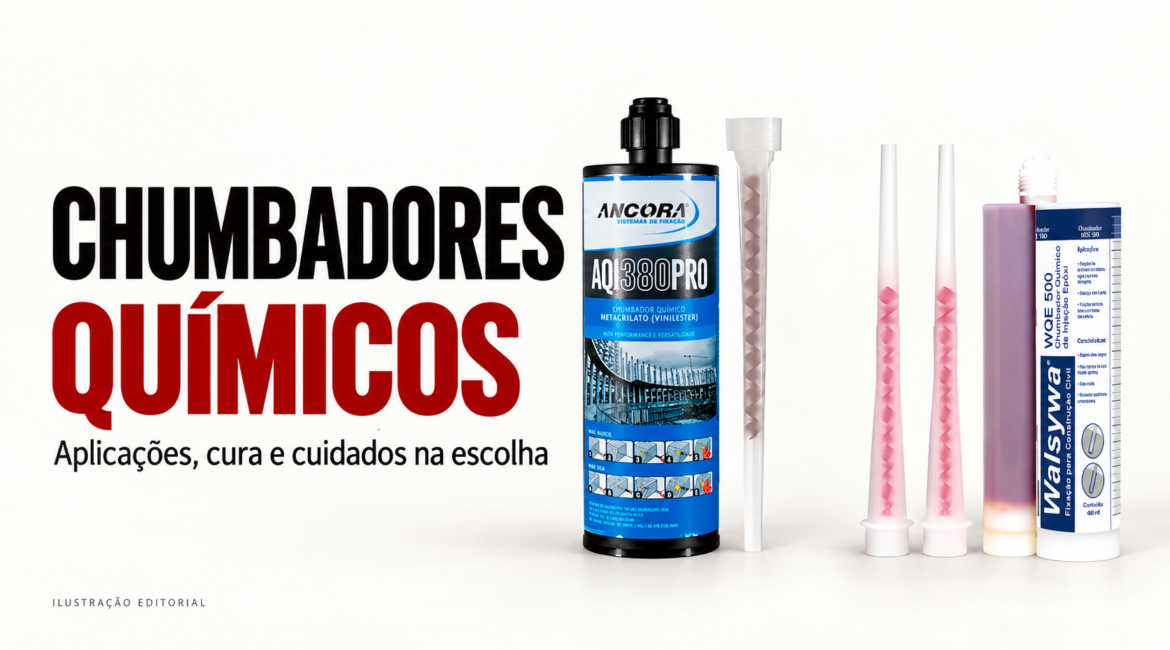 Ilustração editorial sobre chumbadores químicos: AQI380PRO Âncora e WQE 500 Walsywa, com seus respectivos bicos misturadores separados, em cenário neutro.