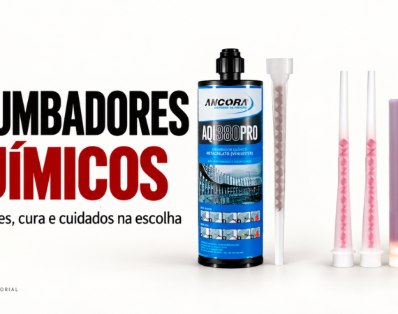 Ilustração editorial sobre chumbadores químicos: AQI380PRO Âncora e WQE 500 Walsywa, com seus respectivos bicos misturadores separados, em cenário neutro.