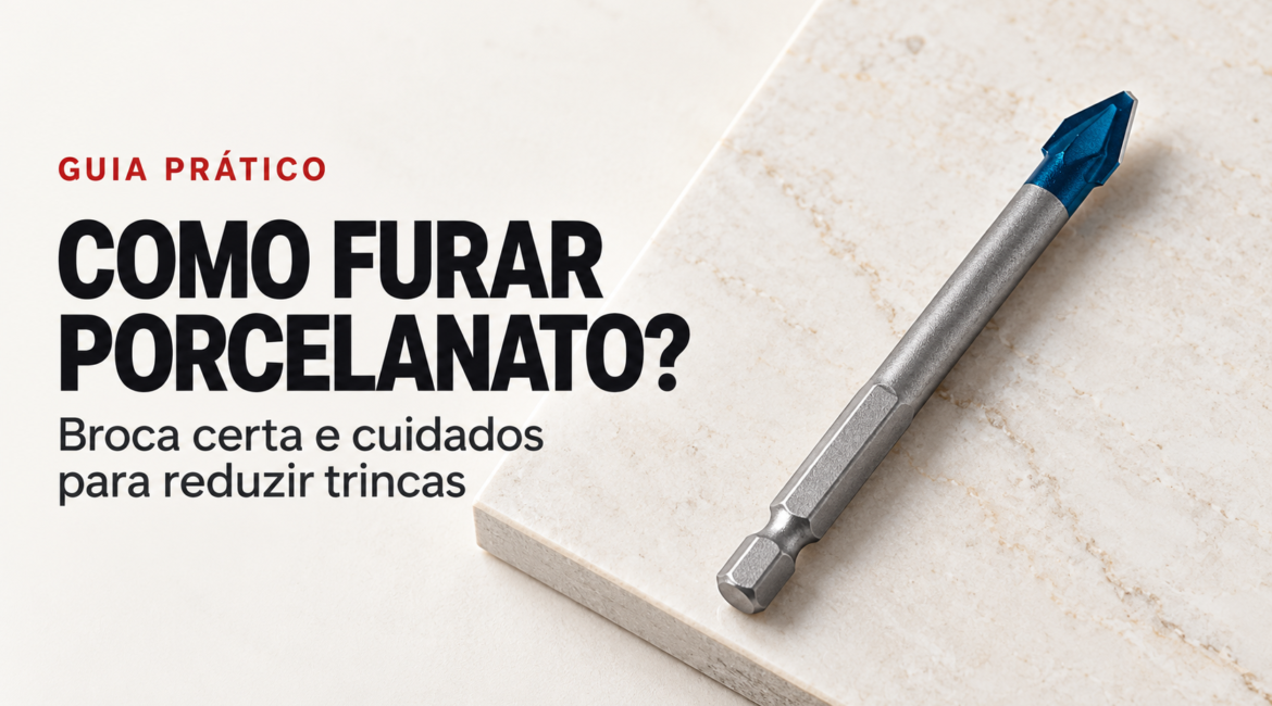 Capa do guia Como furar porcelanato, com broca Bosch EXPERT HEX-9 de ponta azul em repouso sobre uma peça de porcelanato.