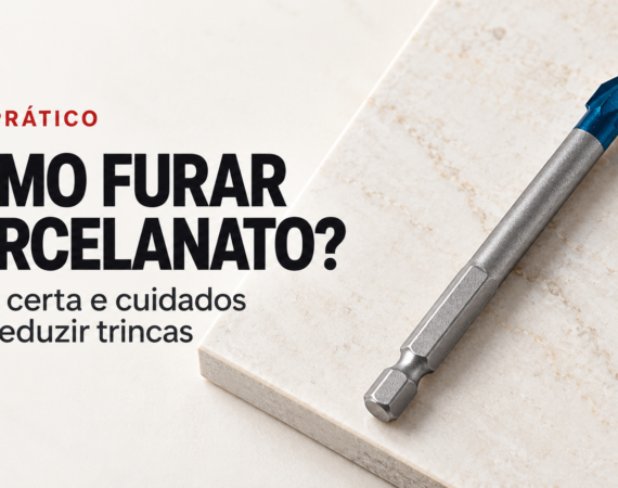 Capa do guia Como furar porcelanato, com broca Bosch EXPERT HEX-9 de ponta azul em repouso sobre uma peça de porcelanato.