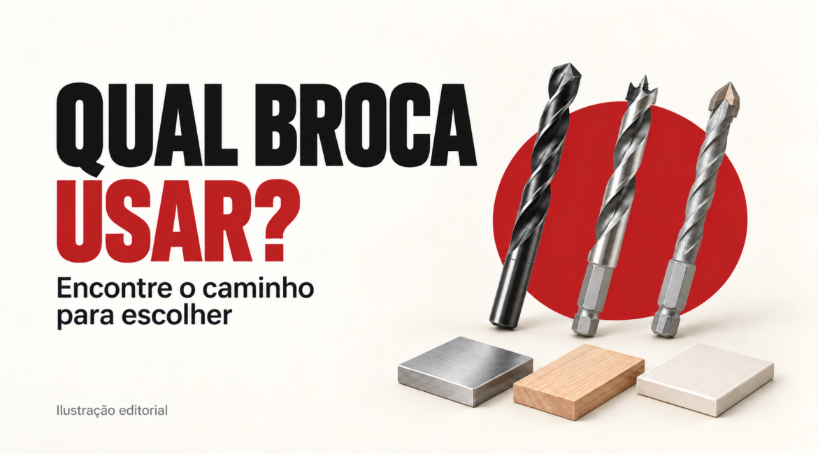 Capa editorial do seletor de brocas, com três brocas ilustradas e amostras separadas de metal, madeira e cerâmica, acompanhadas do título “Qual broca usar?”.
