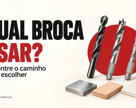 Capa editorial do seletor de brocas, com três brocas ilustradas e amostras separadas de metal, madeira e cerâmica, acompanhadas do título “Qual broca usar?”.