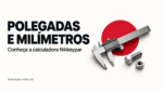 Capa editorial da calculadora Nikkeypar, com o título “Polegadas e milímetros”, um paquímetro ilustrado sem escala e dois fixadores separados sobre fundo claro com círculo vermelho.