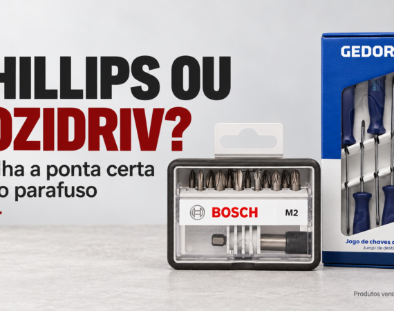 Capa editorial com o título “Phillips ou Pozidriv?” e o subtítulo “Escolha a ponta certa para o parafuso”, ao lado de um jogo de bits Bosch M2 em estojo e um jogo de cinco chaves manuais Gedore na embalagem, sobre uma bancada clara. Os produtos são vendidos separadamente.