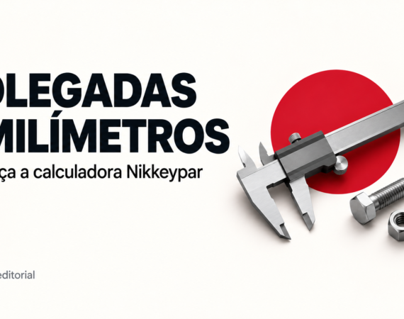 Capa editorial da calculadora Nikkeypar, com o título “Polegadas e milímetros”, um paquímetro ilustrado sem escala e dois fixadores separados sobre fundo claro com círculo vermelho.