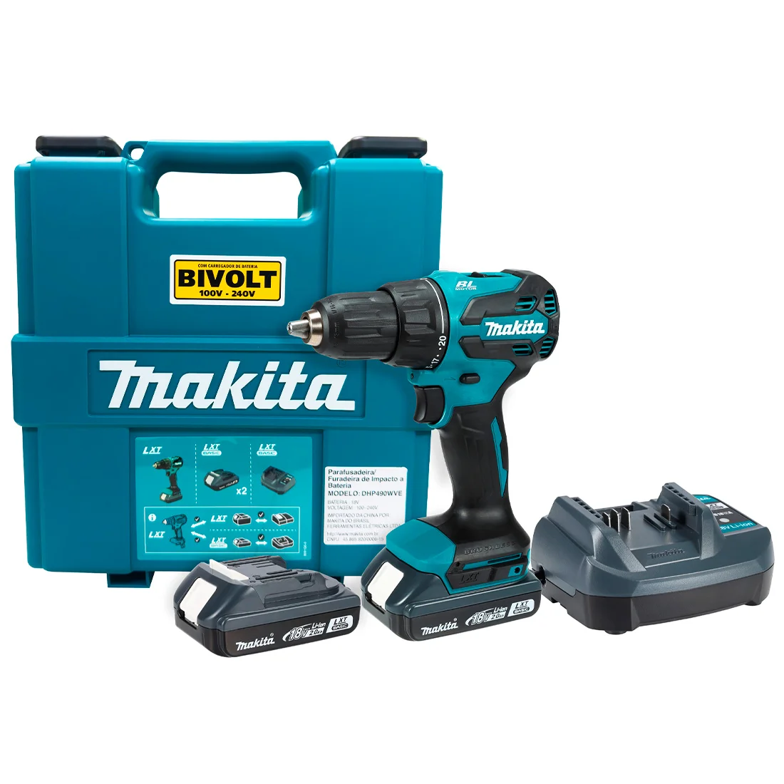 Kit Makita DHP490WVE com ferramenta, duas baterias, carregador e maleta