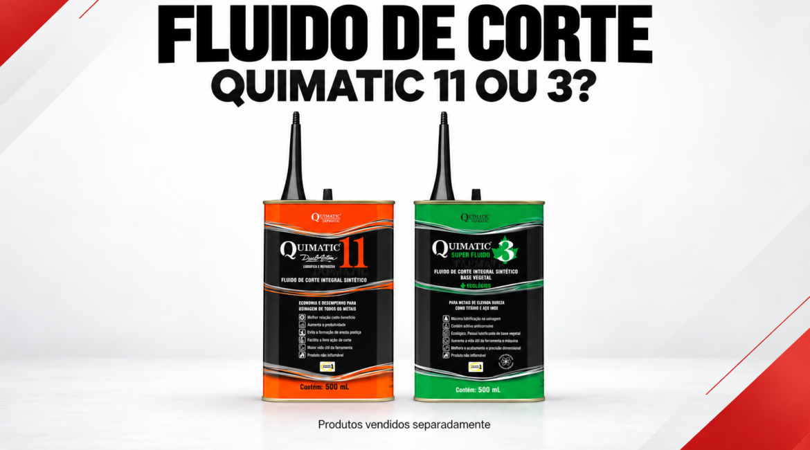 Ilustração editorial das embalagens de 500 mL dos fluidos de corte Quimatic 11 e Quimatic 3 lado a lado, com o título “Fluido de corte: Quimatic 11 ou 3?” e aviso de venda separada.