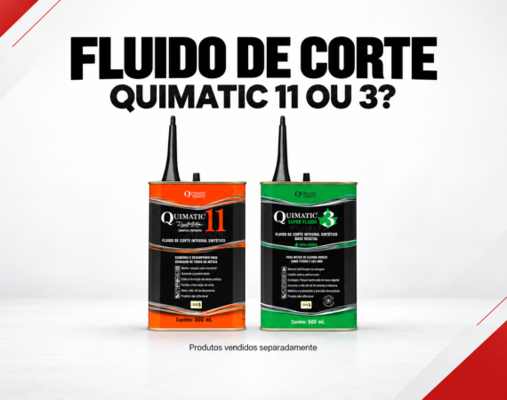 Ilustração editorial das embalagens de 500 mL dos fluidos de corte Quimatic 11 e Quimatic 3 lado a lado, com o título “Fluido de corte: Quimatic 11 ou 3?” e aviso de venda separada.