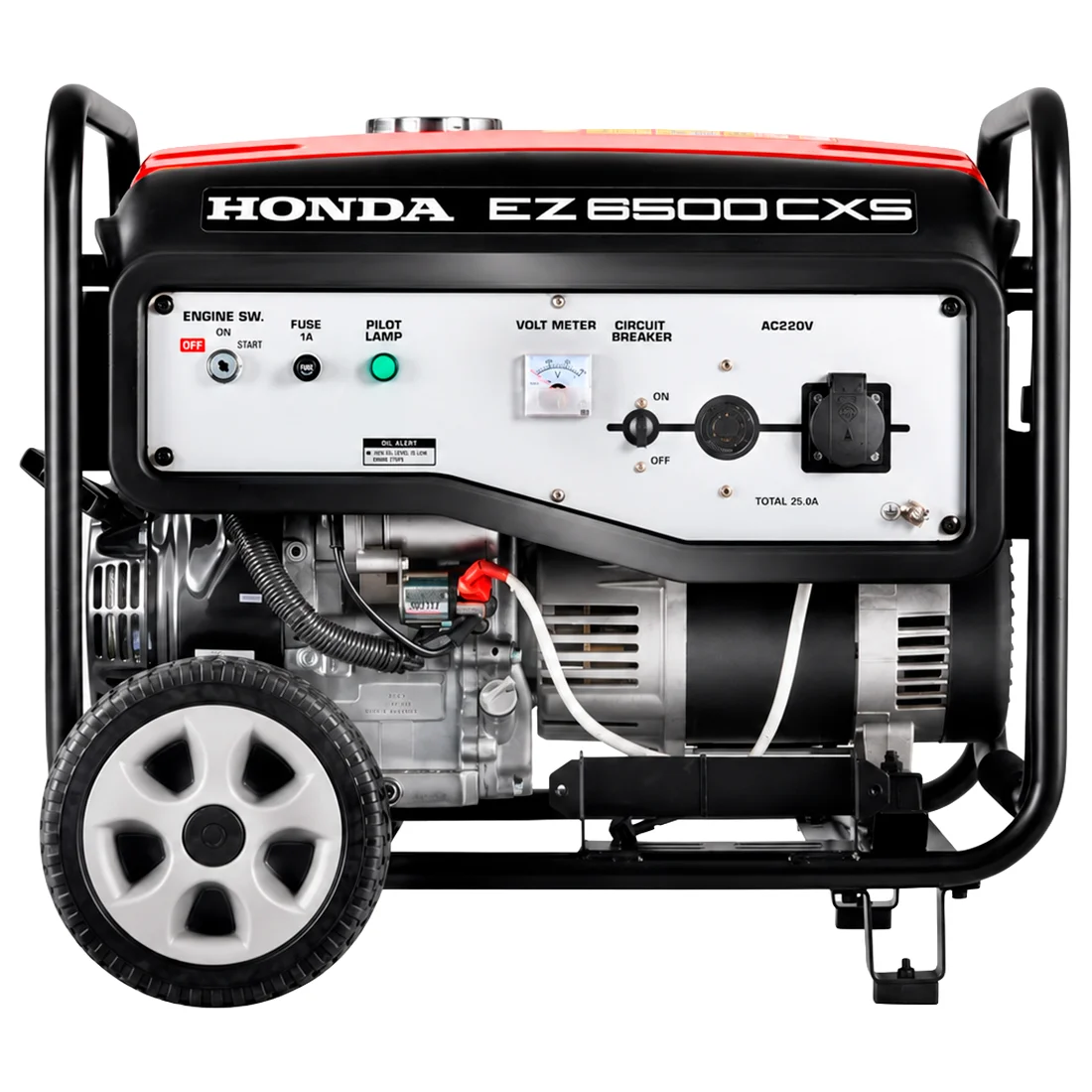 Vista frontal do Honda EZ6500CXS, com voltímetro, disjuntor e marcação AC220V no painel.