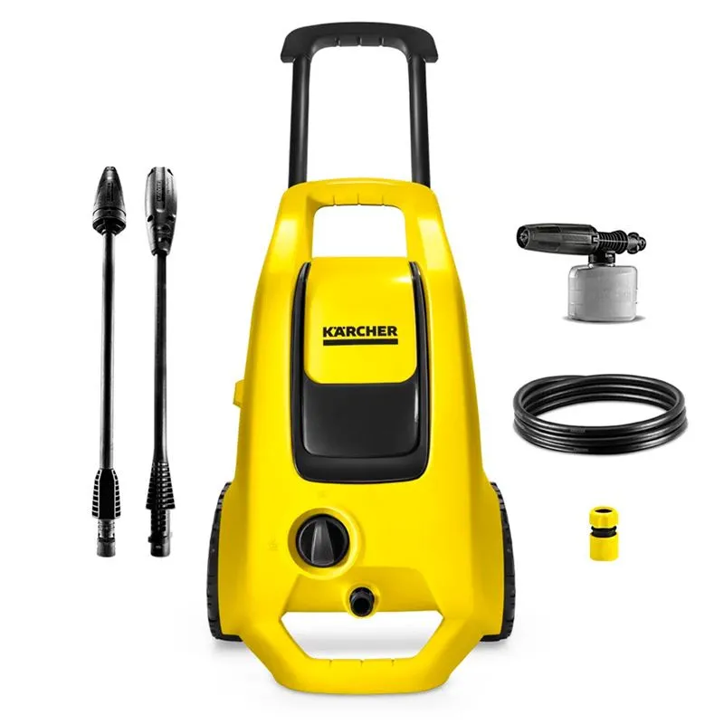 Lavadora Kärcher K3 Force Turbo amarela com lanças, canhão de espuma e mangueira.