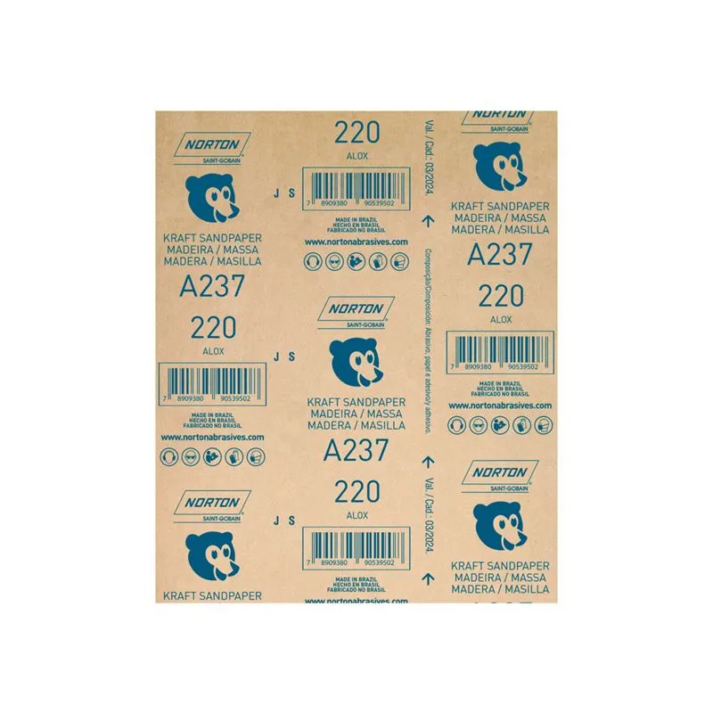 Verso da folha de lixa Norton A237 para madeira e massa, com identificação do grão 220.