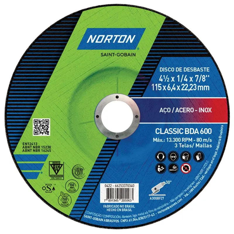 Disco de desbaste Norton Classic BDA600 de 115 × 6,4 × 22,23 mm, visto de frente.