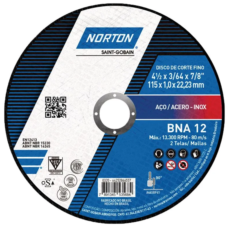 Disco de corte Norton BNA12 de 115 × 1,0 × 22,23 mm, visto de frente.