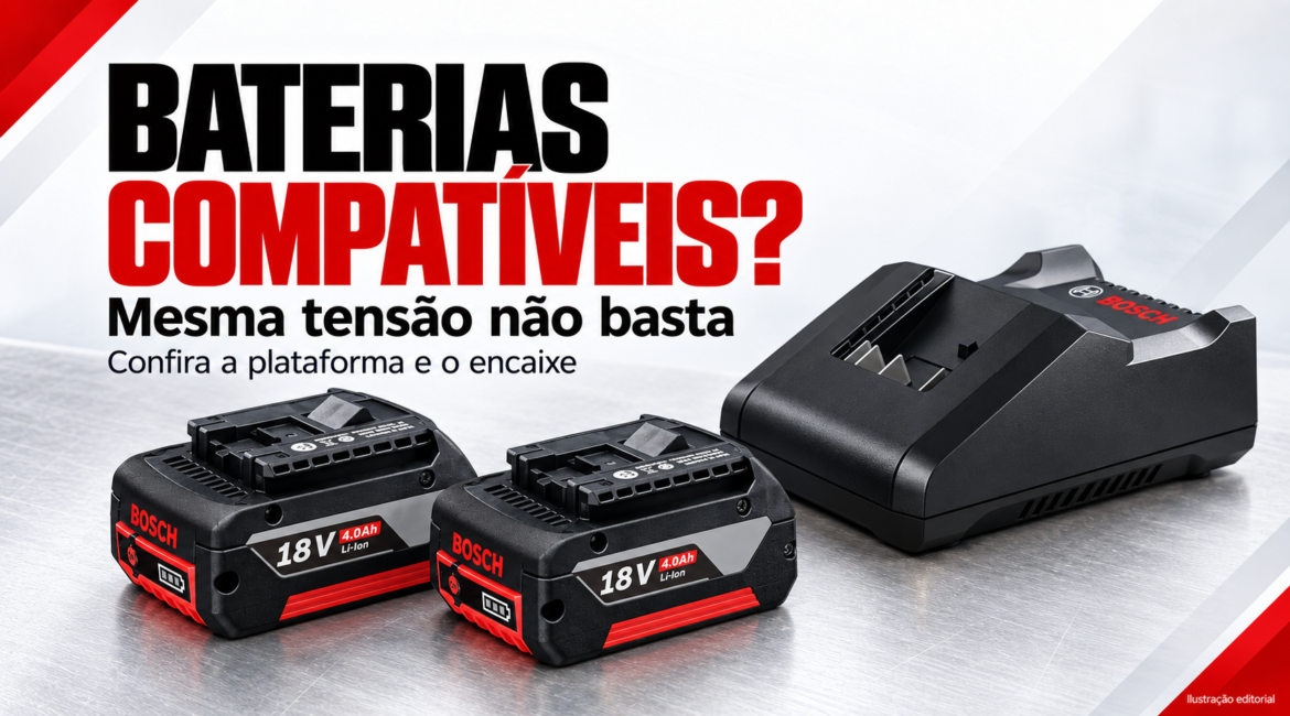 Ilustração editorial: duas baterias e carregador Bosch da mesma plataforma como exemplos. O título explica que a tensão, sozinha, não comprova compatibilidade.