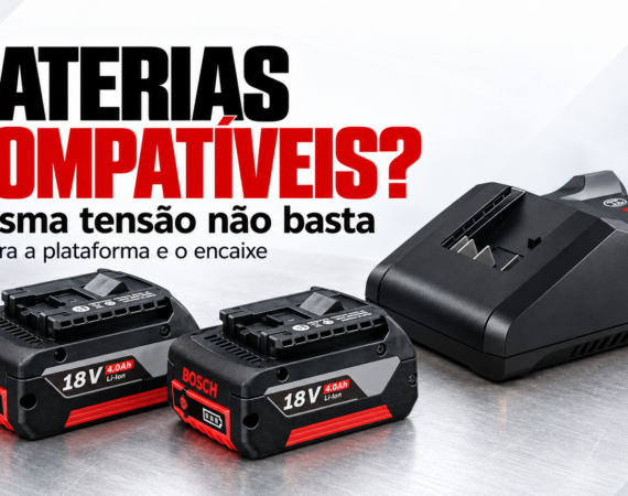 Ilustração editorial: duas baterias e carregador Bosch da mesma plataforma como exemplos. O título explica que a tensão, sozinha, não comprova compatibilidade.