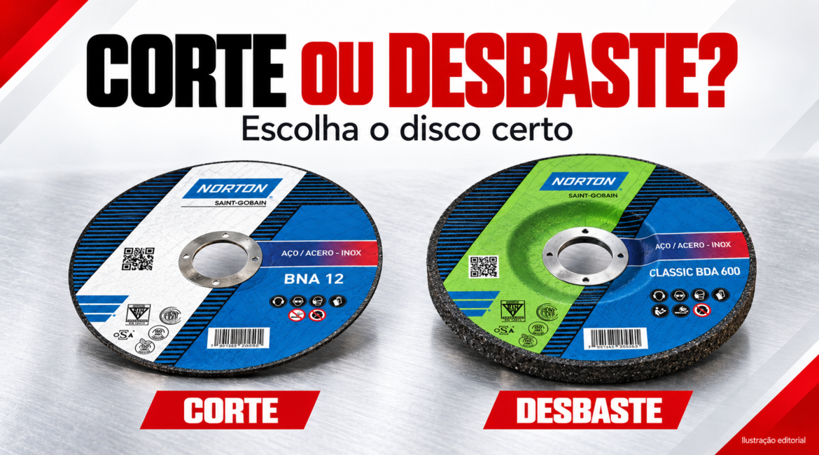Ilustração editorial: disco fino de corte e disco mais espesso de desbaste, com aplicações identificadas.