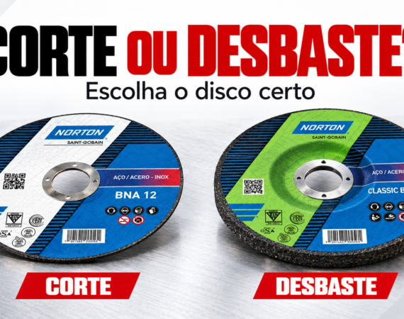 Ilustração editorial: disco fino de corte e disco mais espesso de desbaste, com aplicações identificadas.