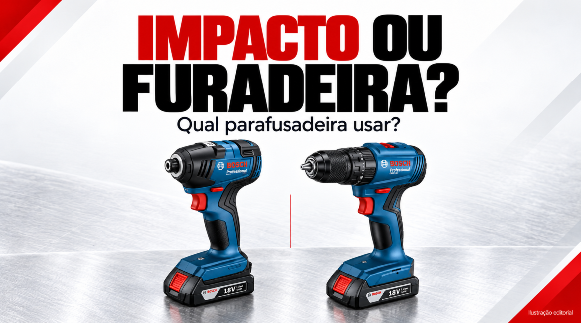 Ilustração editorial: parafusadeira de impacto e furadeira/parafusadeira Bosch, mostrando os diferentes porta-acessórios.
